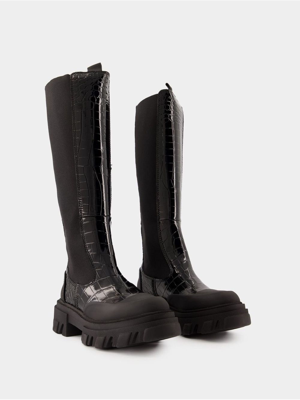 Ganni Black Croc-Embossed Tall Combat Boots - Picture 2 of 5